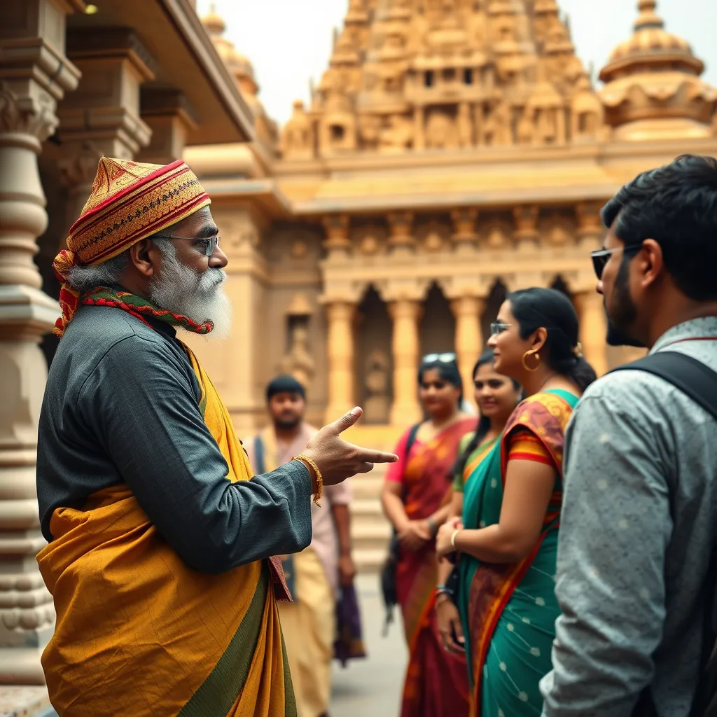 A photorealistic image of a tour guide, dressed in traditional Indian clothing, explaining the history and significance of a Navagraha temple to a group of tourists. The temple should be in the background, with intricate carvings and a serene atmosphere. The image should capture the interaction between the guide and the tourists, showcasing the guide's passion and knowledge.