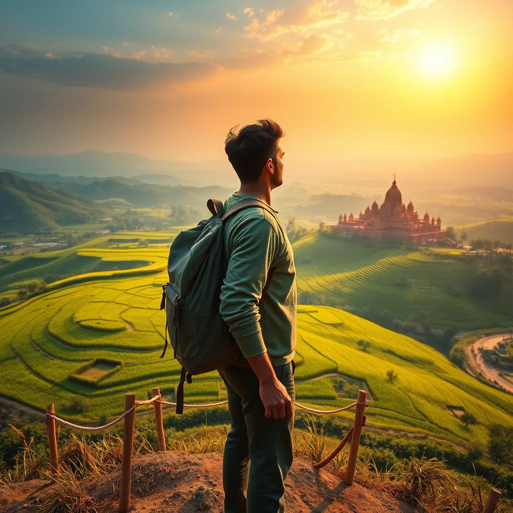 A photorealistic image of a traveler standing on a hilltop overlooking a picturesque landscape in South India. The traveler should be wearing comfortable clothing and carrying a backpack, radiating a sense of adventure. The landscape should be a breathtaking blend of lush green paddy fields, rolling hills, and ancient temples in the distance. Capture the vibrant colors of the landscape, showcasing the rich hues of the paddy fields, the deep blue sky, and the warm terracotta tones of the temples.  The traveler should be looking out at the view, their face illuminated by the warm golden glow of the setting sun. The image should evoke a sense of peace, tranquility, and wonder.  Render the image in ultra-high resolution, showcasing the intricate details of the landscape and the textures of the traveler's clothing. Capture the image using a wide-angle perspective, showcasing the vastness of the landscape and the traveler's smallness in comparison. The image should have a warm and inviting color palette, capturing the beauty of the Indian landscape.  The lighting should be soft and diffused, creating a serene and atmospheric mood.  The overall image should convey a sense of exploration, adventure, and cultural immersion, inviting viewers to embark on their own journey of discovery in India.  The image should be inspired by the works of renowned photographers like Steve McCurry and Raghu Rai, capturing the essence of Indian culture and landscape.