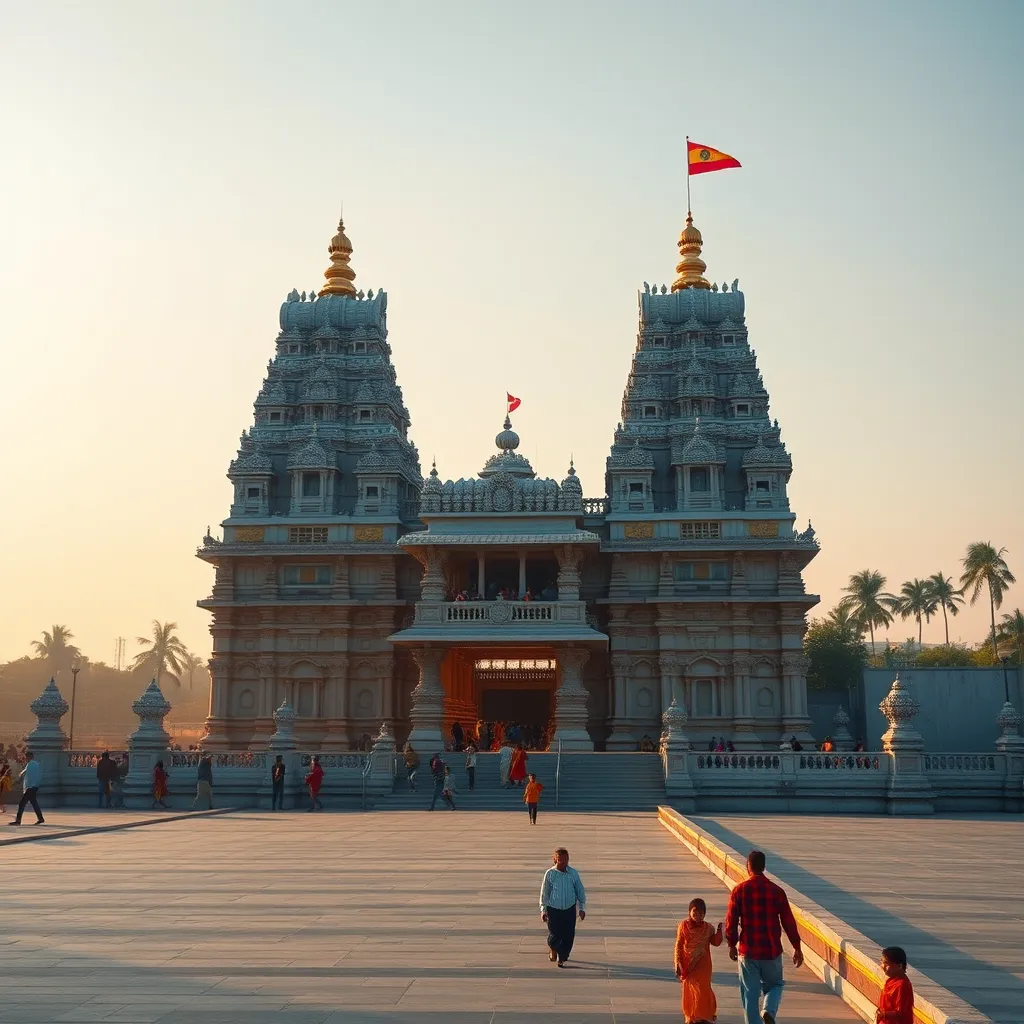 A photorealistic image of the Sri Ramanathaswamy Temple in Rameshwaram, Tamil Nadu, bathed in warm morning light. The temple should be depicted with its intricate carvings, majestic towers, and a calm, serene atmosphere. Show pilgrims performing rituals and enjoying the peaceful surroundings, conveying the temple's spiritual significance and the beauty of Rameshwaram's coastal landscape.