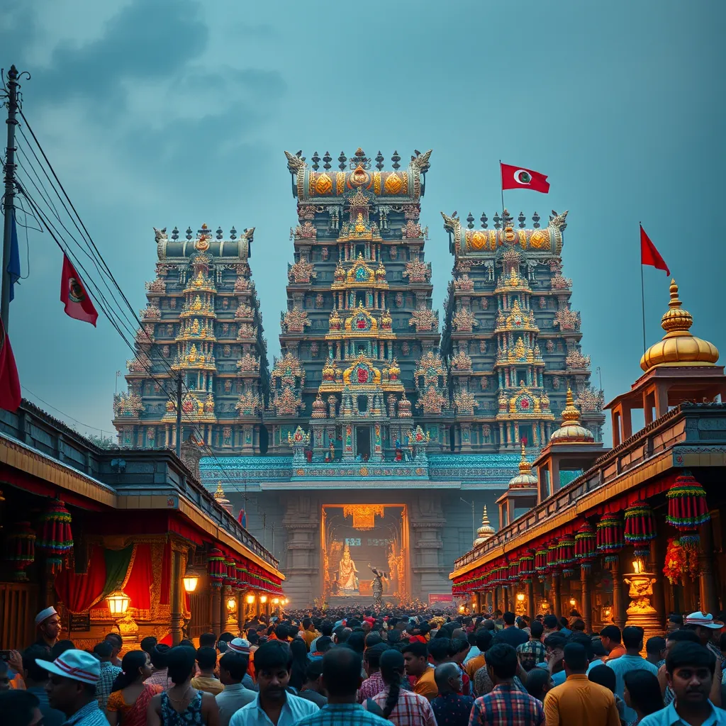 A photorealistic image of the Meenakshi Amman Temple in Madurai, Tamil Nadu, during a vibrant Hindu festival. Capture the intricate details of the temple's gopurams (tower gateways), colorful sculptures, and bustling crowds in a festive atmosphere. The image should convey a sense of awe and grandeur, highlighting the architectural brilliance and spiritual significance of the temple.