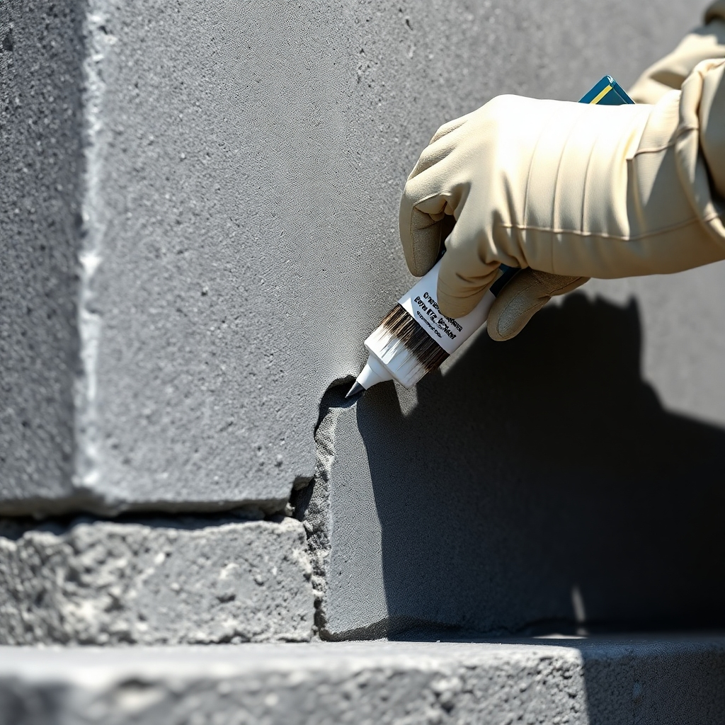 A photorealistic image, rendered in 8K, showing a close-up detail of a precast concrete compound wall undergoing professional maintenance. The focus should be on a section where minor repairs are being carried out, perhaps a small crack being filled. The lighting should be bright and clear, highlighting the texture and color of the concrete. The wall should be a deep charcoal grey, presenting a sturdy and long-lasting impression.  The image should emphasize the precision and care taken in the repair process.  Include tools and equipment used in the maintenance, such as specialized sealant, brushes, and protective gear, all with realistic textures.  The mood should be professional and reassuring, conveying a sense of quality and reliability. The style should mimic the precise detail of a product shot, emphasizing quality. The background should be slightly blurred, focusing attention on the repair work. The color palette is limited to natural grays, muted earth tones, and the subtle colors of repair materials. The camera angle is close, nearly a macro shot of the repair in progress. The image should evoke a sense of meticulous detail, conveying the professionalism of the maintenance service.  The final image should be hyperrealistic, demonstrating exceptional detail and texture.