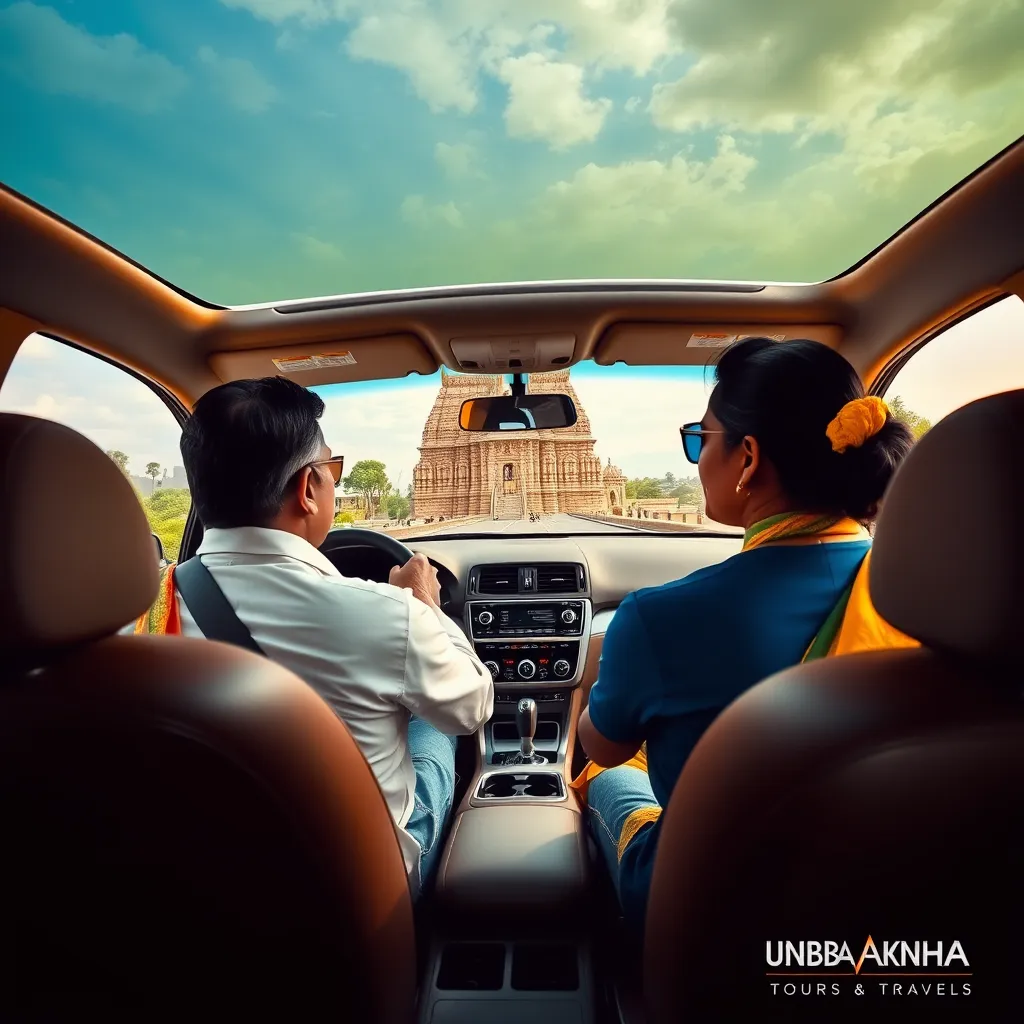 A photorealistic image showcasing a modern, comfortable car driving along a scenic road in Tamil Nadu. The car should be decorated with traditional Indian motifs. In the background, a majestic Navagraha temple should be visible, showcasing the picturesque landscape of the region. The image should convey a sense of luxury and convenience, emphasizing the ease of travel with Kumbakonam Navagraha Tours and Travels.