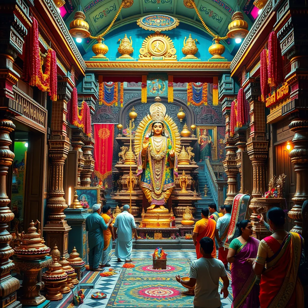 A photorealistic image showcasing a vibrant, colorful scene inside one of the Navagraha Temples in Kumbakonam, Tamil Nadu. Capture a specific temple, such as the Thirunallar Sani Temple, with its intricate details, statues, and offerings. Highlight the temple's unique atmosphere, including devotees offering prayers and seeking blessings from the deity. The image should convey the spiritual significance and cultural richness of these unique temples.