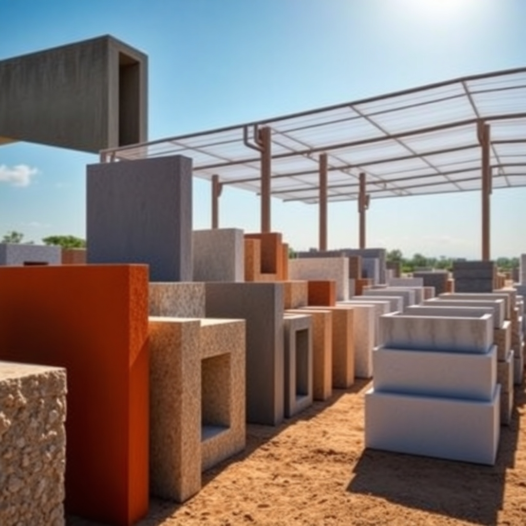 A photorealistic image showcasing a variety of precast concrete compound wall sections in different colors, textures, and designs, neatly arranged in a manufacturer's yard, bathed in bright sunlight.  Include detailed close-ups highlighting the textures and finishes.  The background should subtly showcase the Kumbakonam landscape.