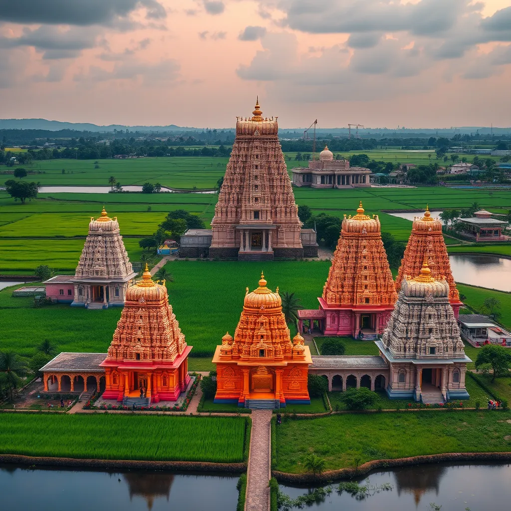 A photorealistic image showcasing the diverse beauty of the nine Navagraha temples in and around Kumbakonam. Capture each temple in its unique architectural style, showcasing the intricate carvings, towering gopurams, and vibrant colors. Depict the temples against the backdrop of lush green paddy fields and serene lakes, emphasizing the natural beauty of the region.  Each temple should be captured with a unique lighting condition, showcasing the diverse moods of each location. The image should convey a sense of spiritual significance, tranquility, and the rich history of these ancient temples. Include a vibrant color palette that reflects the cultural heritage of Tamil Nadu. The overall composition should be balanced, showcasing the interconnectedness of the nine Navagraha temples. Render the image in ultra-high resolution, emphasizing the intricate details of the temple architecture and the surrounding landscape. Capture the image using a wide-angle perspective, highlighting the grandeur and scale of each temple. The image should evoke a sense of wonder and respect, inviting viewers to experience the spiritual journey of visiting the Navagraha temples. The image should include symbolic elements related to each Navagraha, adding depth and meaning to the composition.