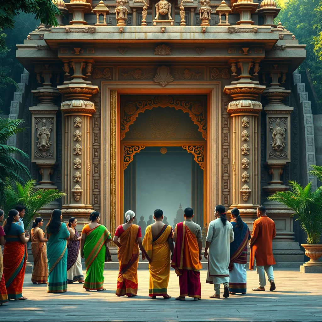 A photorealistic image showcasing a group of people, dressed in traditional Indian clothing, standing in front of a grand temple entrance. The temple should have intricate carvings and vibrant colors, with a backdrop of lush greenery. The scene should convey a sense of peace and spirituality. The image should have a warm, golden light, highlighting the architectural details of the temple.