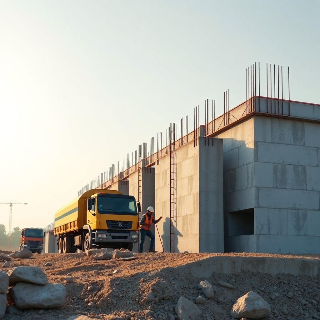 A photorealistic image showing a construction site in Kumbakonam with precast concrete compound wall sections being efficiently installed by workers. The image should emphasize speed and precision. A truck delivering more sections should be in the background. The sky should be clear and sunny.