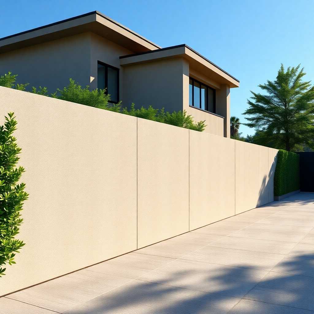 A photorealistic, ultra-high definition 8K image depicting a recently constructed, modern home showcasing a pristine, custom-designed precast concrete compound wall. The wall is a warm, light-grey color with subtly textured surfaces, exhibiting a clean, contemporary aesthetic. The wall is approximately 8 feet tall and extends across the entire frame's width, emphasizing its length. Soft diffused sunlight bathes the wall, highlighting the fine details of its surface texture and casting soft shadows. The background includes lush green landscaping with neatly trimmed hedges, and a clear blue sky. The camera angle is slightly low, looking up at the wall to highlight its height.  The scene evokes a feeling of serenity and modern elegance. The image should be in the style of architectural photography, similar to the work of renowned architectural photographers such as Iwan Baan or Helene Binet. The overall mood is peaceful and sophisticated, conveying quality and craftsmanship.  Materials should be meticulously rendered: concrete texture should be smooth yet tactile, and the surrounding greenery vividly detailed. The image is hyperrealistic, with attention to minute details like subtle variations in concrete tone and the shadows they cast.  Focus should be sharp across the entire wall, with a shallow depth of field for the background elements.  The overall color palette emphasizes natural tones; greens, blues and neutral greys, creating a calming effect.