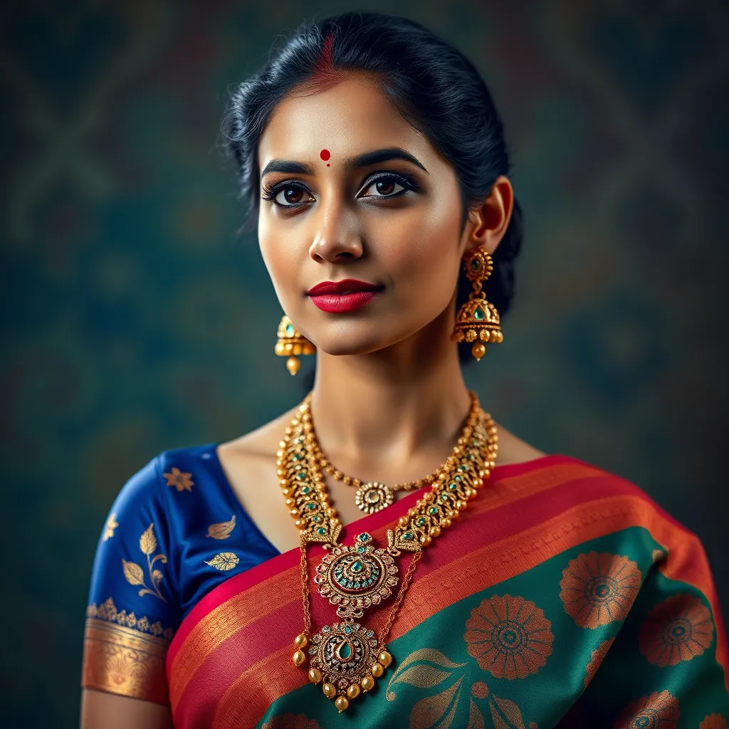 A portrait of a woman wearing a traditional Indian saree with a vibrant color palette, adorned with Adyar Fashion Jewellery pieces that complement the saree's intricate designs. The image should capture the woman's confident and graceful demeanor, showcasing the harmonious fusion of traditional and modern aesthetics.