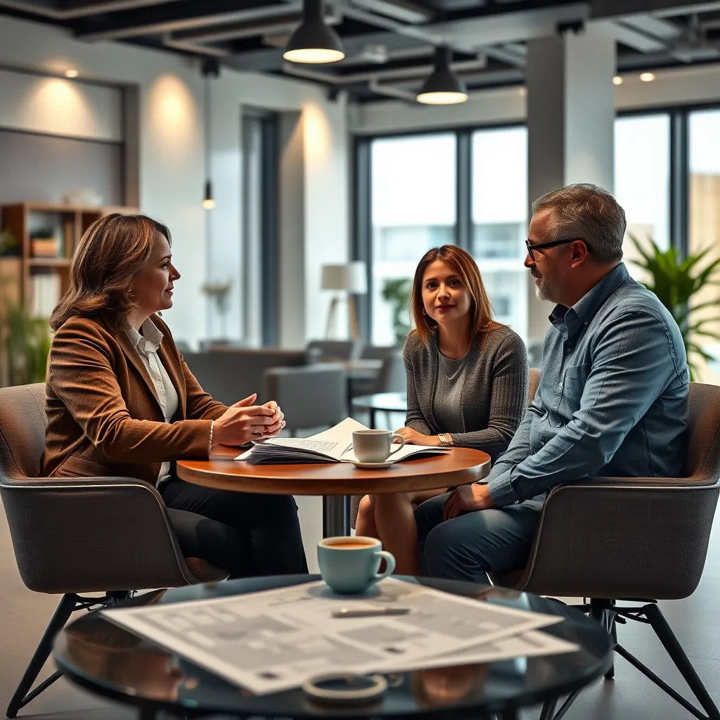 A real estate agent sitting with a couple, discussing property options over a table with blueprints and a cup of coffee. They are in a bright and welcoming office setting, showcasing a professional yet approachable atmosphere.