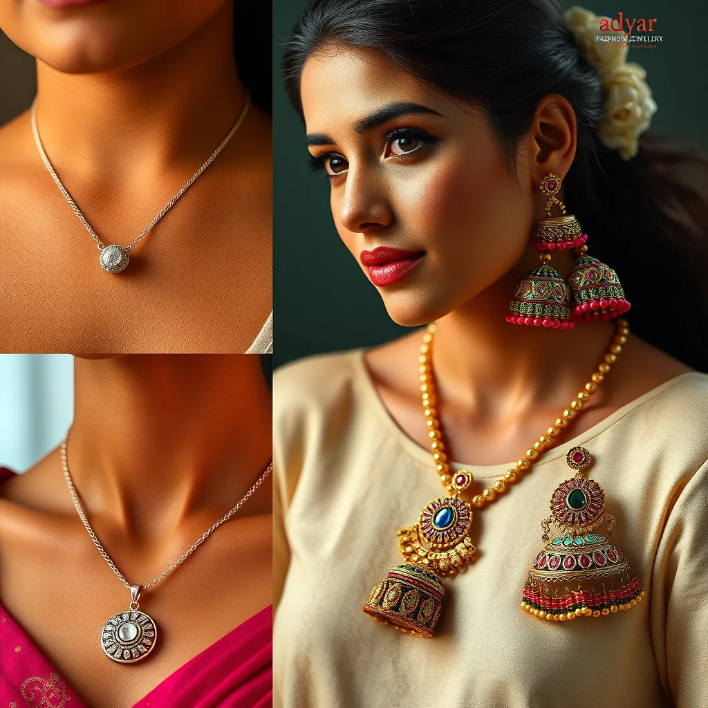 A series of three images showcasing different Adyar Fashion Jewellery pieces: a minimalist silver pendant necklace for a modern look, a colorful statement earrings for a bold and playful style, and a traditional jhumka with contemporary design elements for a sophisticated and elegant feel. The images should highlight the versatility and adaptability of the brand's designs.