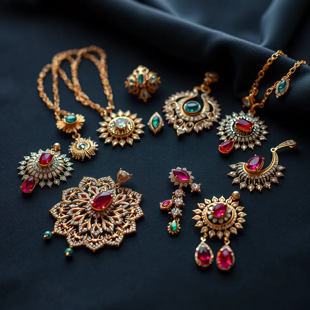 A still life image of a variety of Adyar Fashion Jewellery pieces laid out on a luxurious velvet surface. The pieces should be diverse, showcasing intricate patterns, vibrant gemstones, and delicate craftsmanship. The image should capture the artistry and meticulous detail of each piece.
