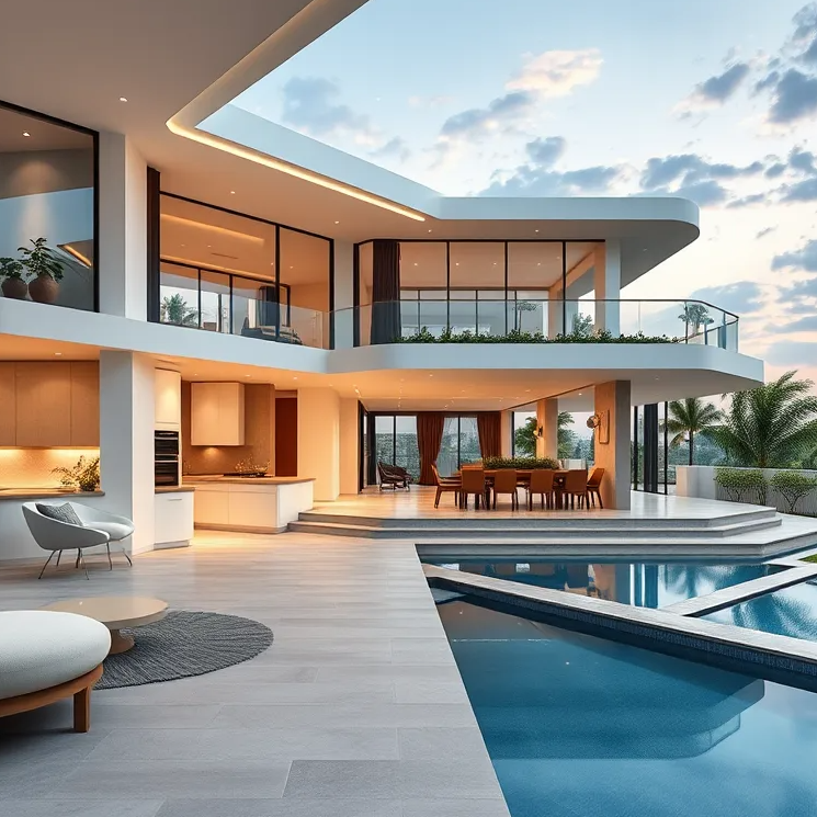 A stunning, hyperrealistic image of a modern, spacious 3BHK house in Adyar, Chennai. The house should have a large living room with floor-to-ceiling windows offering panoramic views of the city. The kitchen should be modern and sleek, with high-end appliances and a large dining area. The bedrooms should be spacious and well-designed, with comfortable beds and ample storage space. The bathrooms should be luxurious and feature high-quality fixtures. The exterior of the house should be modern and elegant, with a landscaped garden and a swimming pool. The image should be taken from a wide angle, capturing the entire house and its surroundings. The lighting should be natural and soft, highlighting the architectural details and the beauty of the property. The image should be 8K resolution and hyperrealistic, with a focus on detail and depth. The image should be in the style of a professional real estate photographer, highlighting the features and benefits of the property.