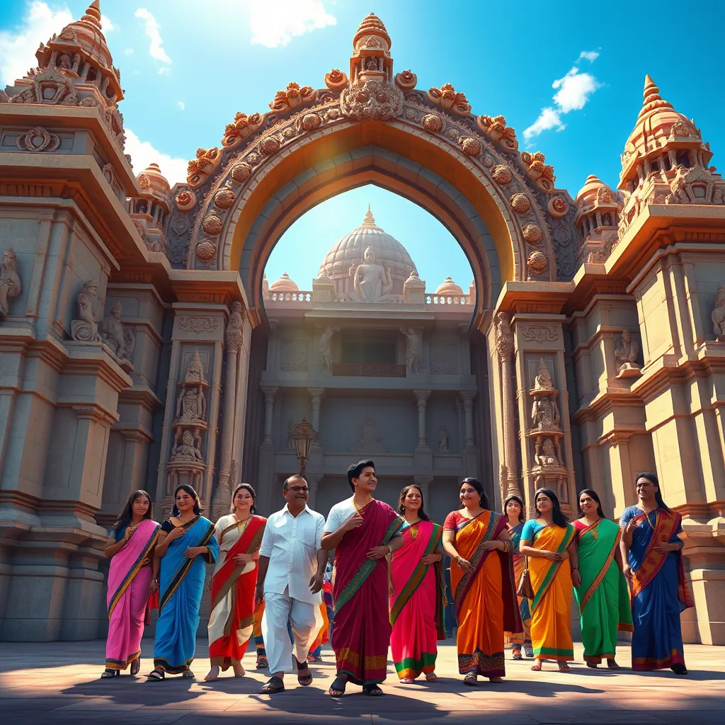 A vibrant, photorealistic illustration of a group of people, dressed in traditional Indian clothing, walking through a grand temple entrance with intricate carvings and statues. The sky is clear and blue, with sunlight streaming through the archway, illuminating the scene. The people are smiling and engaged in conversation, with a sense of peace and wonder in their eyes.