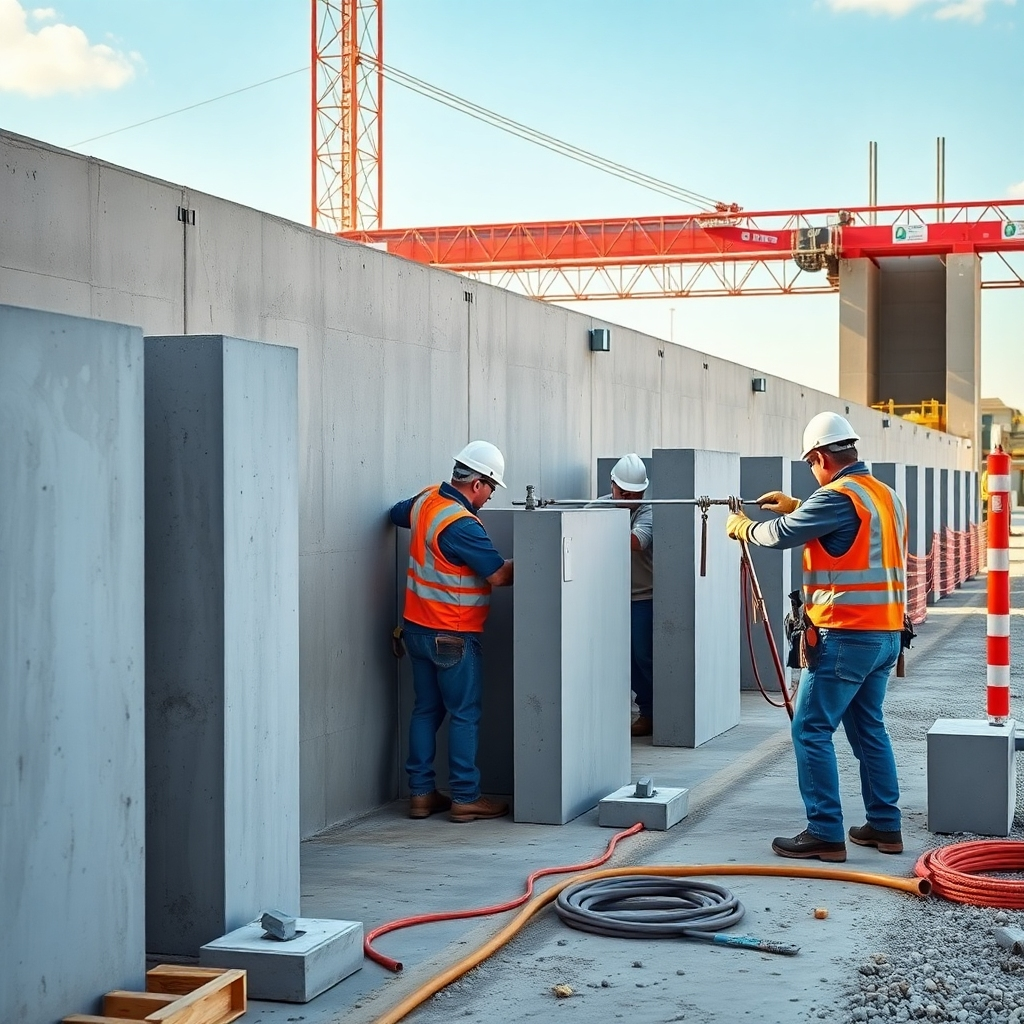 A vibrant photorealistic image depicting a team of skilled workers efficiently installing precast concrete compound walls on a construction site.  Show the precision and speed of the installation.  The image should capture the collaborative effort and the use of specialized equipment. Include a clean and organized worksite to highlight professionalism.