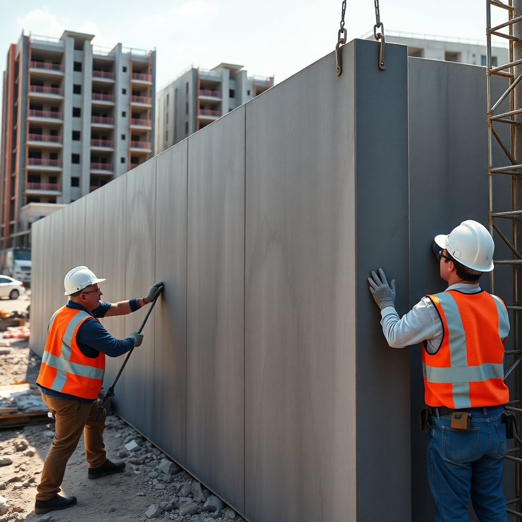 An ultra-detailed, photorealistic image (8K resolution) depicting a team of experienced construction workers expertly installing a section of precast concrete compound wall. The scene takes place on a construction site, with other partially completed buildings in the background.  The lighting should be bright, natural daylight with slight shadows to showcase the wall's texture and the workers' actions.  The compound wall itself is a rich, dark grey, exhibiting a smooth, polished surface.  Focus on the precision and care of the installation process, capturing details like the use of specialized equipment, precise measurements, and the workers' focused expressions. The mood should be one of skilled professionalism and efficiency.   The color palette should be primarily earth tones: browns, greys and muted blues.  The camera angle should be from a slightly elevated position, providing a comprehensive view of the installation process.  Include details such as safety gear worn by the workers, scaffolding, and any other relevant equipment.  The style should be hyperrealistic, resembling high-quality documentary photography in the style of National Geographic, emphasizing realism and a sense of scale.  Texture should be emphasized across all elements: rough concrete, smooth metal, and the workers' clothing.