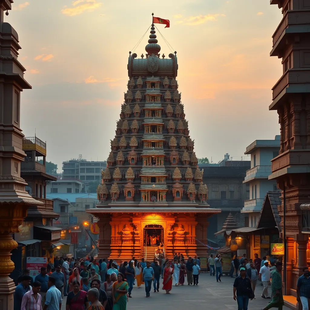 An ultra-realistic photo of the Meenakshi Amman Temple in Madurai, Tamil Nadu, captured in the golden hour light. The image should be a wide-angle shot, showcasing the temple's towering gopurams (towers) adorned with intricate carvings and vibrant colors. The foreground should feature a group of devotees performing rituals around the temple, while the background captures the bustling streets and markets of Madurai.  The image should convey the temple's historical significance, architectural grandeur, and spiritual aura.  The image should be captured with a soft, warm lighting, enhancing the beauty of the temple's intricate sculptures and the vibrancy of the surrounding city.  The image should have a cinematic depth and composition, with a sense of awe and wonder.  The style should be reminiscent of the works of  renowned photographer Steve McCurry.