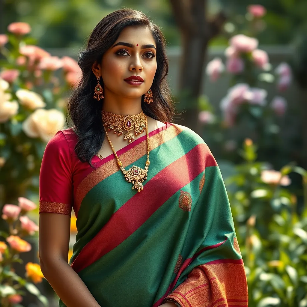 Generate a photorealistic, ultra-high quality image (8K resolution, hyperrealistic) that captures the essence of Adyar Fashion Jewellery. The image should feature a woman, adorned in a beautiful saree, standing in a lush garden setting. Her jewelry, a statement piece from Adyar Fashion Jewellery, should be the focal point. The saree should be a vibrant color, with intricate patterns and textures, reminiscent of traditional Indian textiles. The jewelry should be crafted from gold and precious stones, showcasing the brand's exquisite craftsmanship. The lighting should be soft and natural, casting a warm glow on the woman and her jewelry. The background should be a serene garden, with blooming flowers and lush greenery, reflecting the brand's connection to nature. The camera angle should be slightly elevated, capturing the woman's full figure and the beautiful details of her jewelry. The overall mood of the image should be luxurious, elegant, and timeless, reflecting the brand's commitment to quality and craftsmanship. For inspiration, refer to the works of renowned fashion photographers known for their ability to capture both beauty and cultural richness., ultra high resolution, photorealistic, 8K, hyperdetailed, cinematic lighting