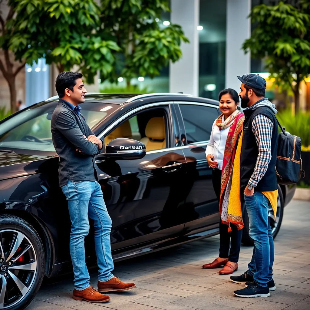 A comfortable and spacious car, adorned with traditional Indian motifs, drives along a scenic route towards a majestic Navagraha temple. The road is lined with lush greenery and vibrant landscapes, showcasing the beauty of Tamil Nadu. The image conveys a sense of ease and comfort during the journey.