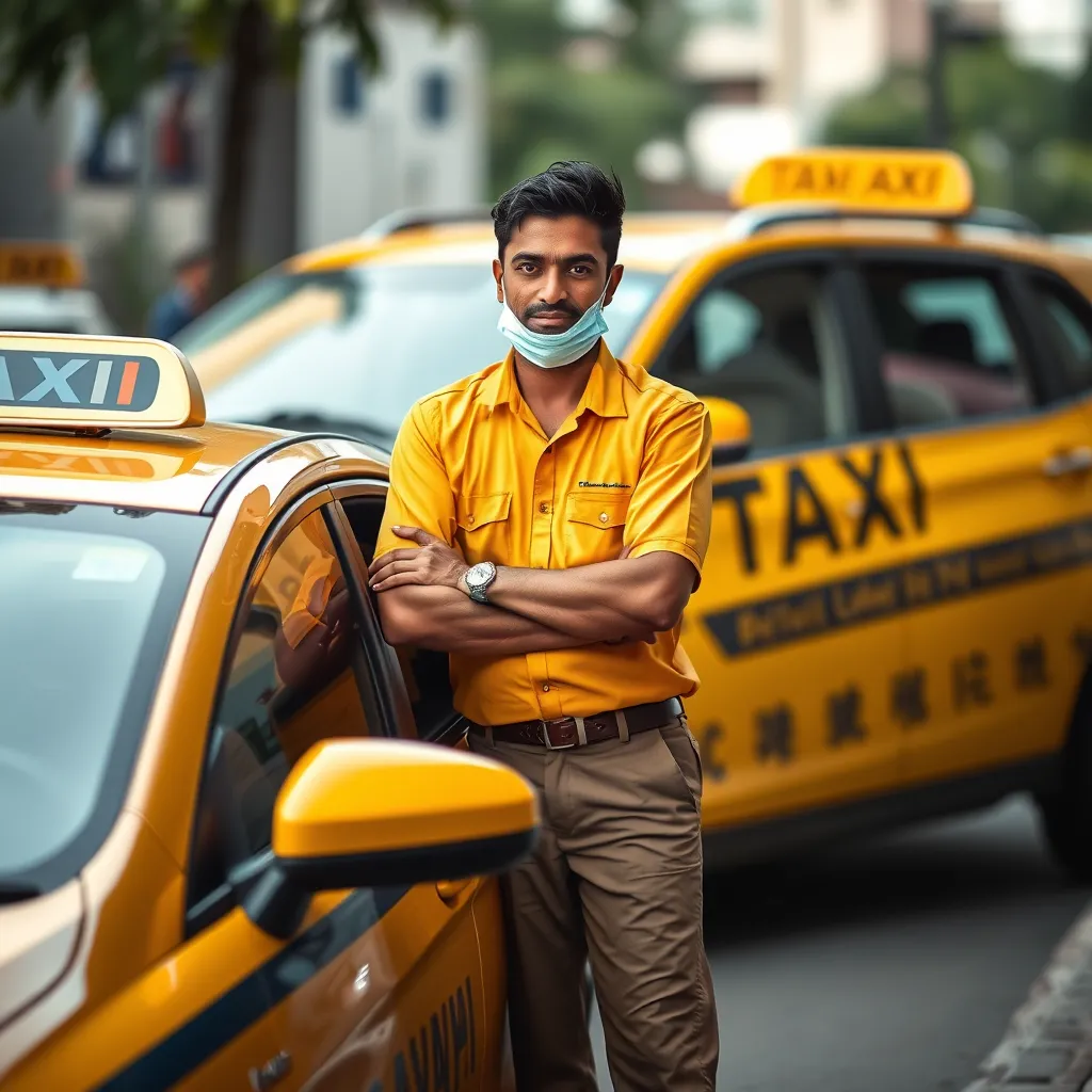 A photorealistic image showcasing a modern, comfortable car driving along a scenic road in Tamil Nadu. The car should be decorated with traditional Indian motifs. In the background, a majestic Navagraha temple should be visible, showcasing the picturesque landscape of the region. The image should convey a sense of luxury and convenience, emphasizing the ease of travel with Kumbakonam Navagraha Tours and Travels.