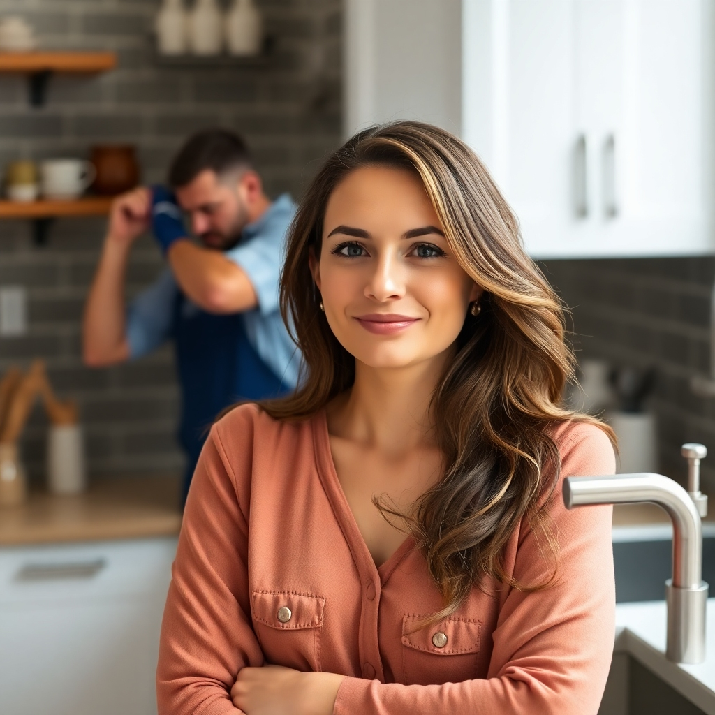 A warm and inviting scene depicting a friendly carpenter interacting with a satisfied customer in a well-furnished living room. The carpenter is presenting a finished wooden project, such as a handcrafted bookshelf or a custom-made table, to the customer who is expressing appreciation and delight. The room should be decorated with a touch of elegance and comfort, highlighting the positive impact of carpentry on home aesthetics.