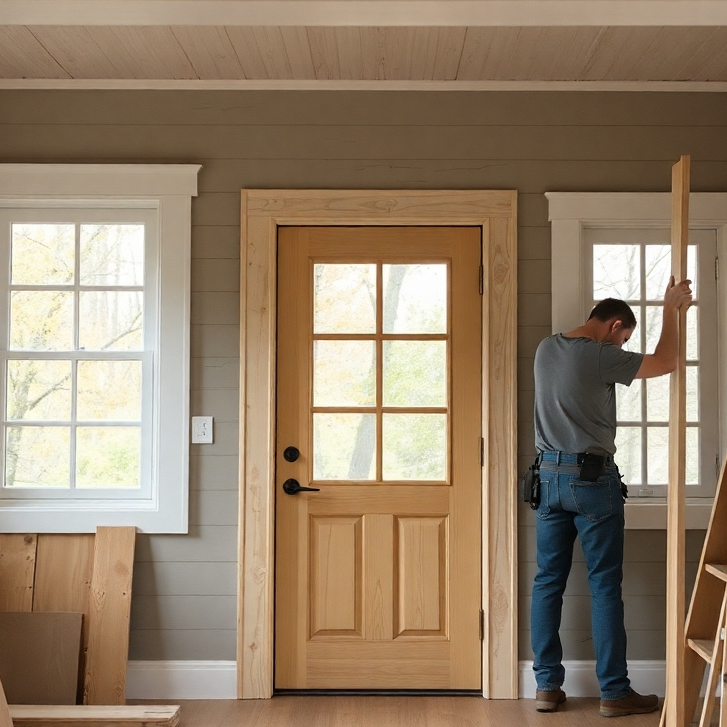 A visually appealing collage showcasing diverse carpentry projects. Include images of a beautifully crafted wooden door with intricate designs, a custom-built kitchen cabinet with sleek modern hardware, a repaired wooden window with restored details, and a functional wooden shelf unit neatly organized with books and decorative items.