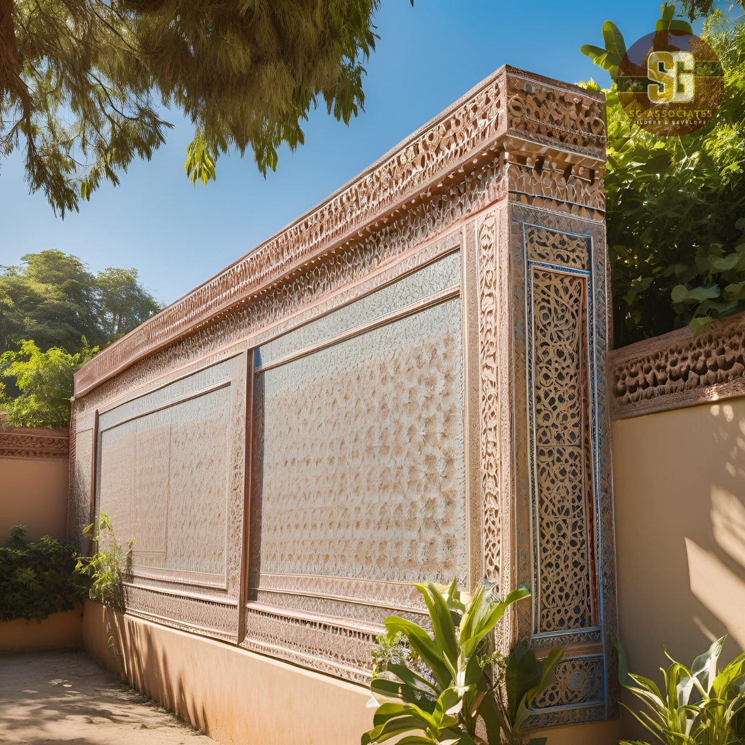 A photorealistic image of a sturdy precast concrete compound wall, showcasing its robust construction and even surface texture.  The wall should be tall, extending across the entire image width, with clear daylight illuminating its surface to highlight its texture.  Focus on the clean, unblemished surface of the wall to emphasize its durability. The background can be a partly cloudy sky, to contrast with the wall's strength and stability.