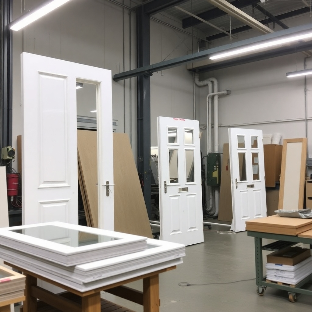 A visually appealing collage showcasing diverse carpentry projects. Include images of a beautifully crafted wooden door with intricate designs, a custom-built kitchen cabinet with sleek modern hardware, a repaired wooden window with restored details, and a functional wooden shelf unit neatly organized with books and decorative items.