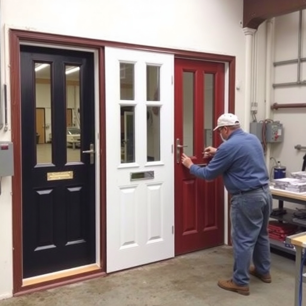 A visually appealing collage showcasing diverse carpentry projects. Include images of a beautifully crafted wooden door with intricate designs, a custom-built kitchen cabinet with sleek modern hardware, a repaired wooden window with restored details, and a functional wooden shelf unit neatly organized with books and decorative items.