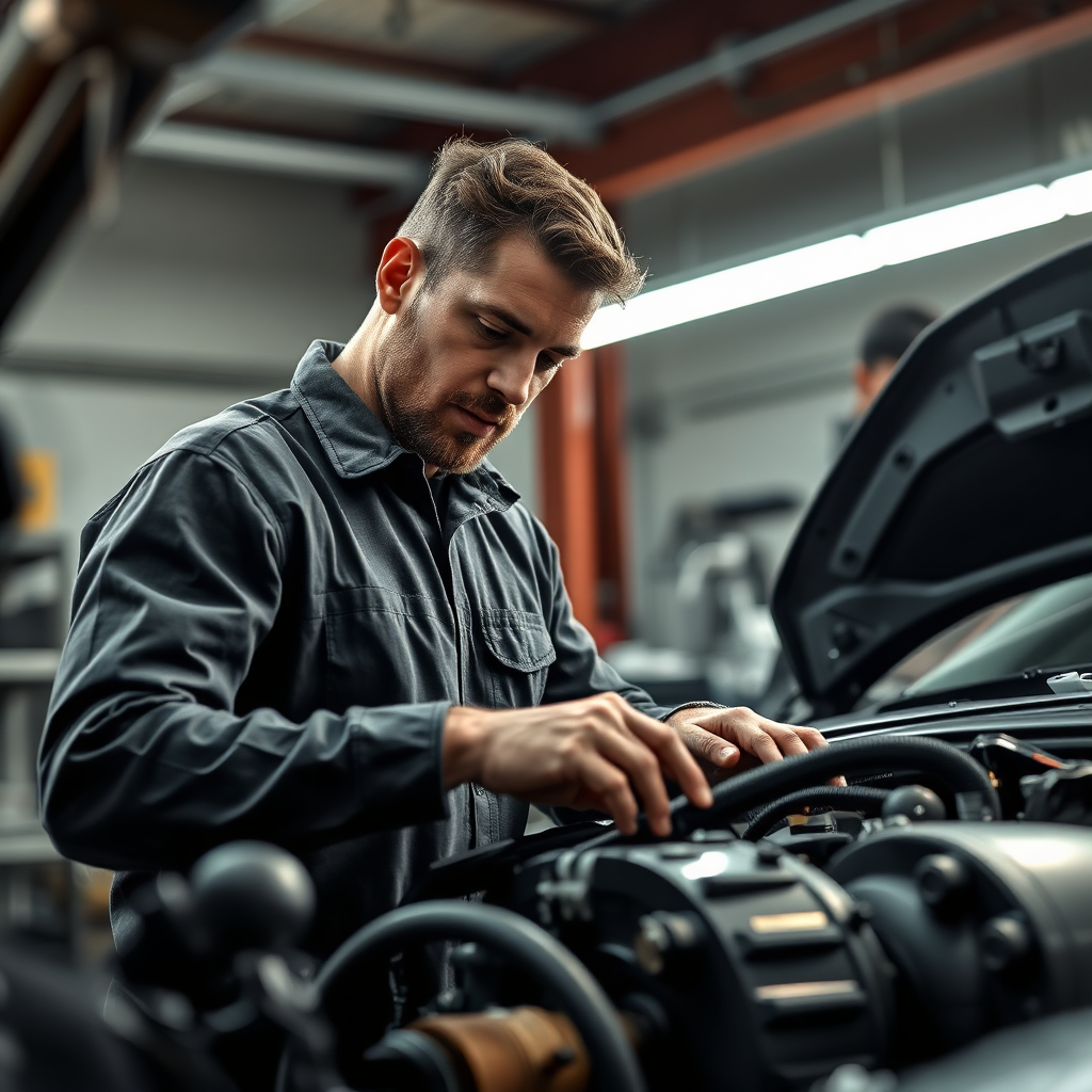 Professional mechanic working on a car engine
