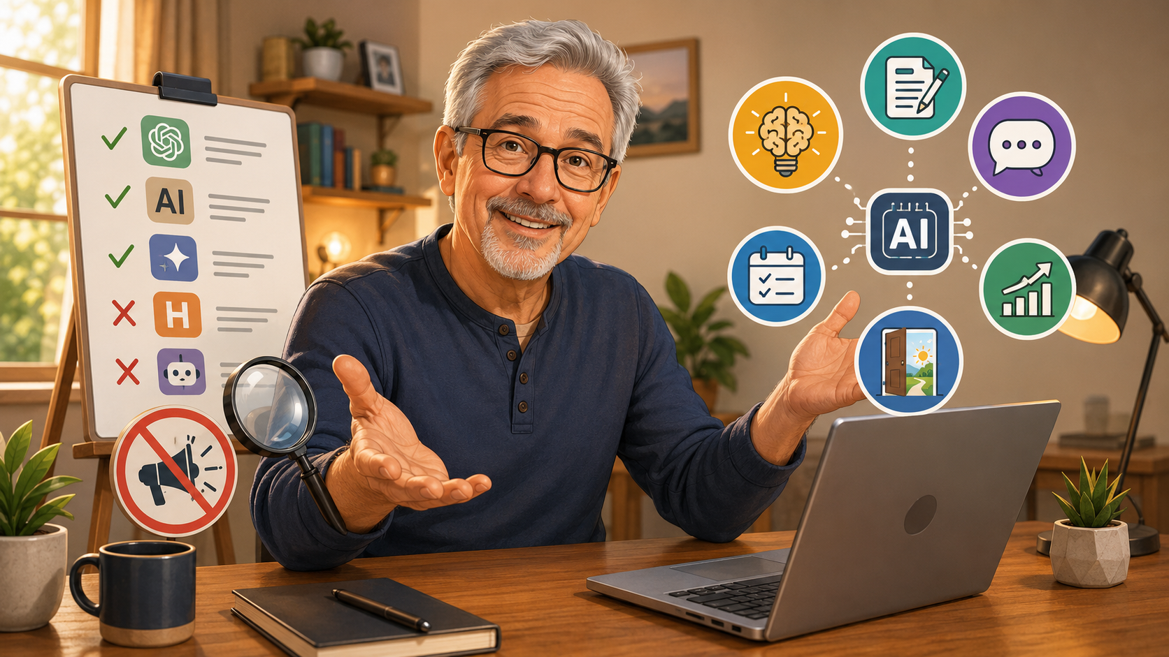 Older adult learning AI with a laptop in a calm home office
