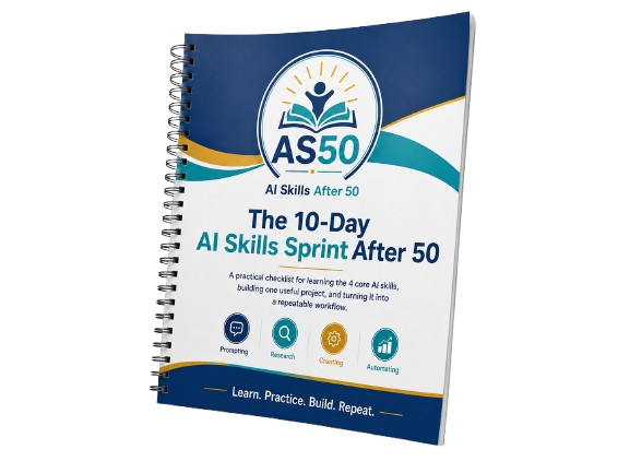 Workbook cover for The 10-Day AI Skills Sprint After 50