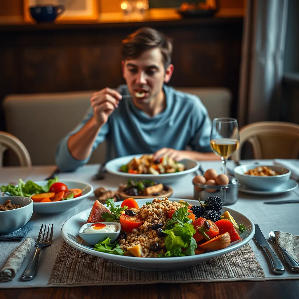 A beautifully set dining table with a healthy meal featuring colorful vegetables, whole grains, and a small dessert. A person, mid-bite, appears thoughtful and focused, emphasizing the concept of mindful eating with soft, warm lighting enhancing the atmosphere.
