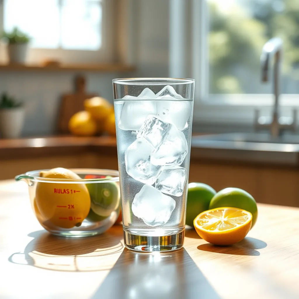 A clear glass of water filled with ice sitting on a wooden kitchen table, surrounded by fresh fruits like lemons and limes. Natural sunlight streaming through a window creates a bright and inviting atmosphere. Include a measuring cup indicating eight glasses beside the water.