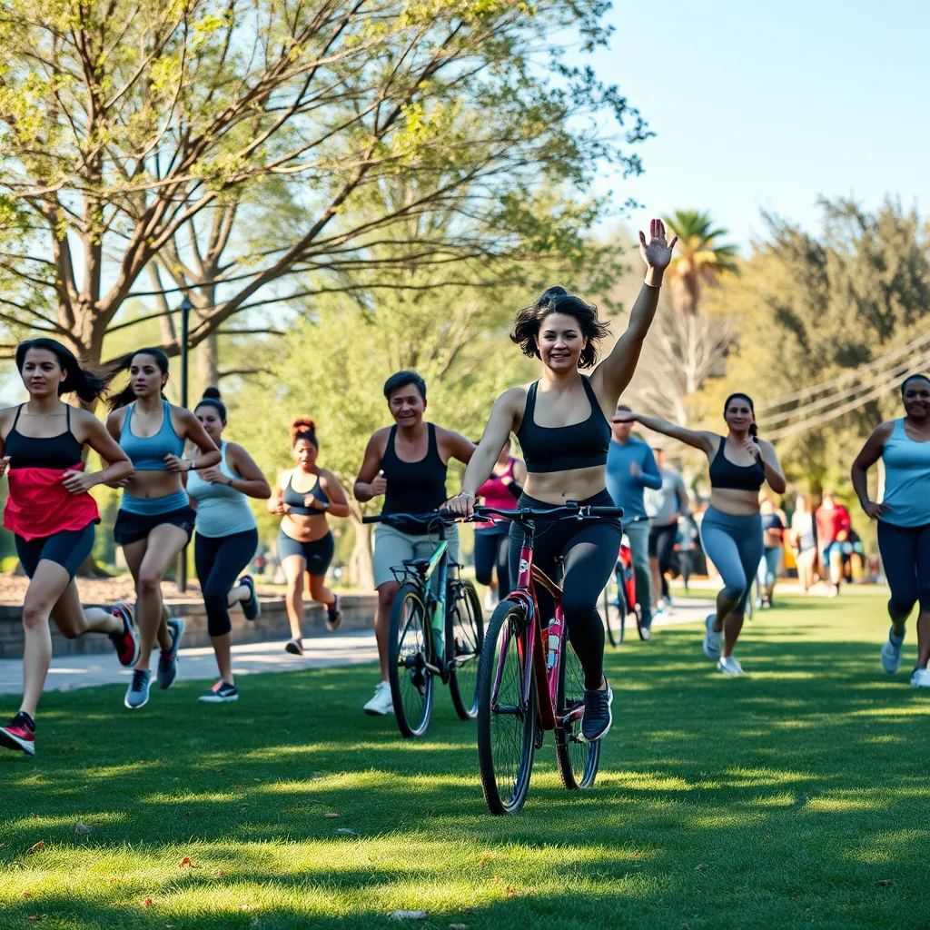 A diverse group of people engaging in various forms of exercise outdoors, including jogging, cycling, and yoga. The scene is vibrant and energetic, showcasing a sunny park environment to emphasize the importance of physical activity in maintaining normal glucose range.