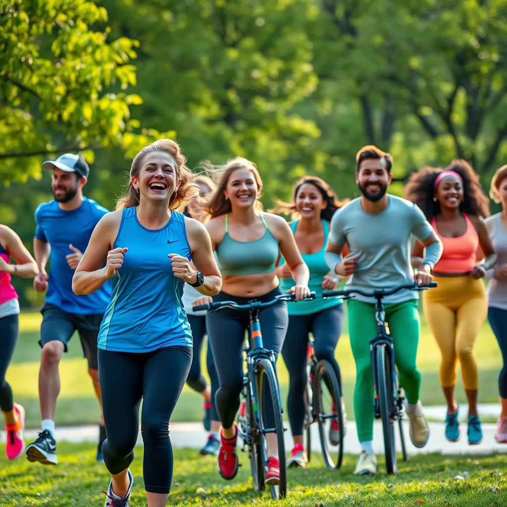 A diverse group of people engaging in various physical activities outdoors, like jogging, cycling, and dancing in a park. Bright colors of activewear, joyful expressions, and green trees in the background create an energetic and inspiring environment.