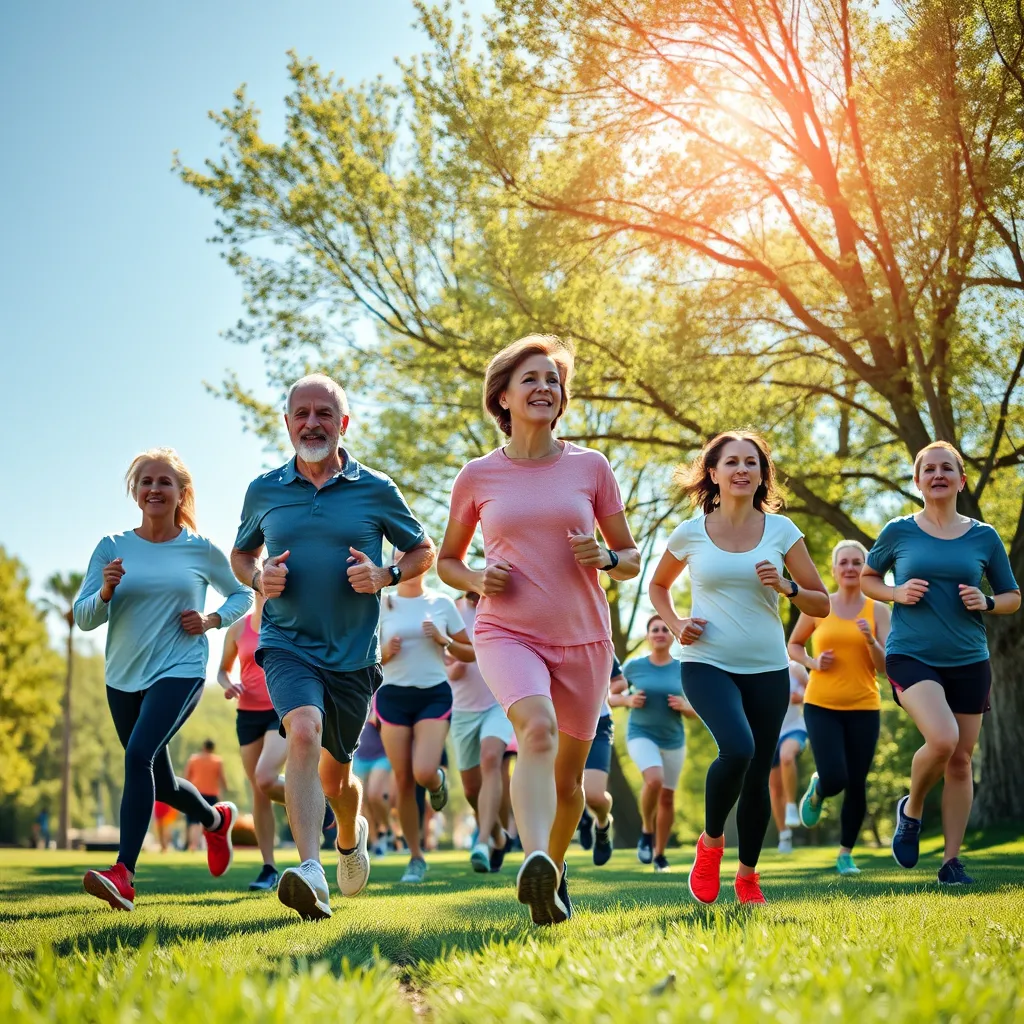  A dynamic, photorealistic image of a diverse group of people jogging in a lush green park on a sunny day, showcasing different ages and fitness levels. Include trees and a clear blue sky to emphasize a healthy lifestyle.