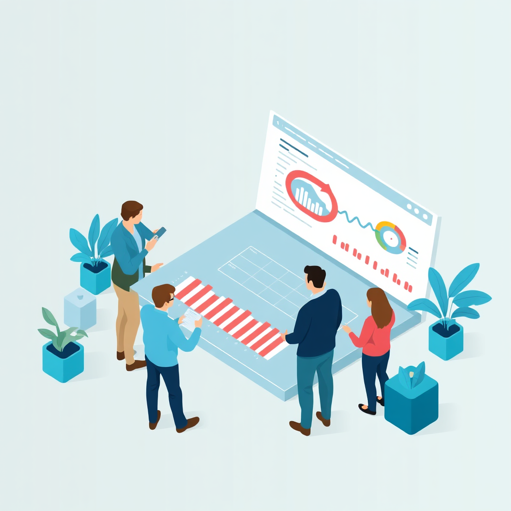 Illustration of a marketing team at work with dashboards
