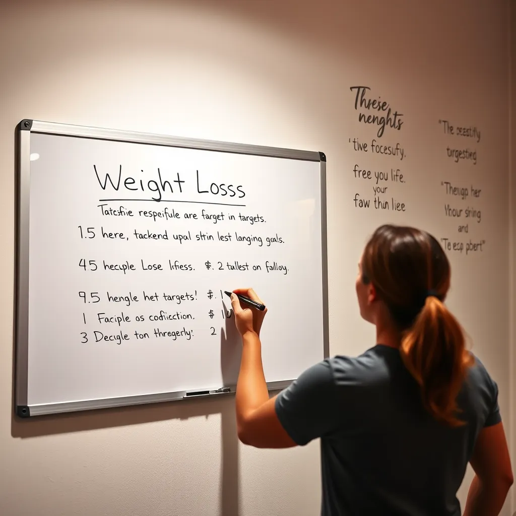 A person setting glucose range goals on a whiteboard in a well-lit room. They write down specific, measurable targets with a calendar in the background, and motivational quotes are displayed on the wall to inspire a positive atmosphere.