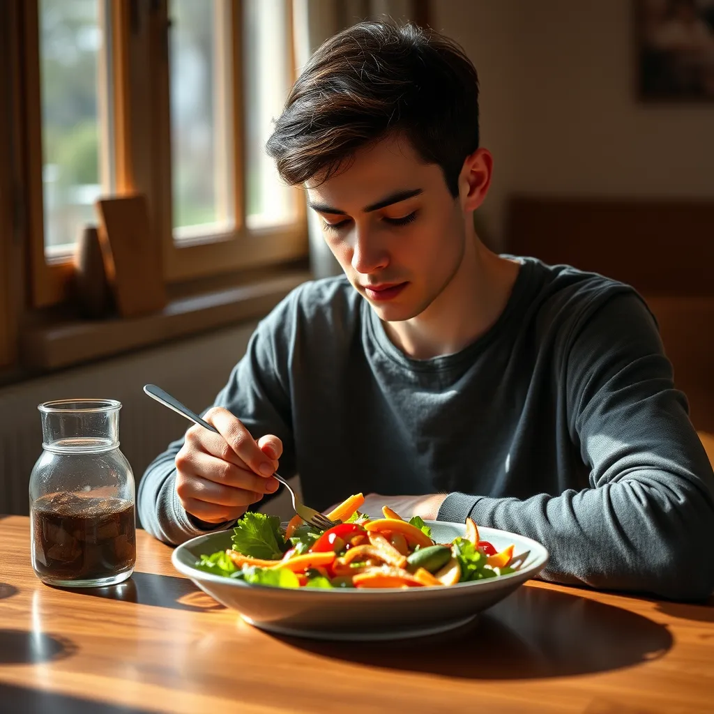 A person sitting at a dining table, enjoying a colorful, healthy meal. They focus on their food with a serene expression, surrounded by a calming environment, with natural light filtering through a window, symbolizing mindfulness and awareness in eating.