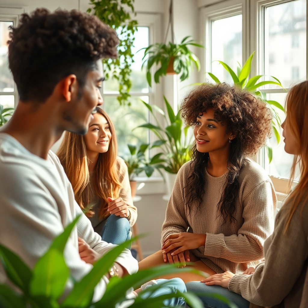 A photorealistic image illustrating a warm and inviting space with individuals engaging in discussions about hair care. The composition features a sunlight-filled room decorated with plants creating a fresh atmosphere. The color palette utilizes soft pastels to evoke calmness and positivity. Captured from a slightly elevated angle, the textures of the environment, such as fabric in casual attire and the greenery's richness, are emphasized. Style references lean toward lifestyle and wellness photography. The final image should be in 4K resolution, clearly showcasing the participants' engaging expressions and healthy, vibrant hair.