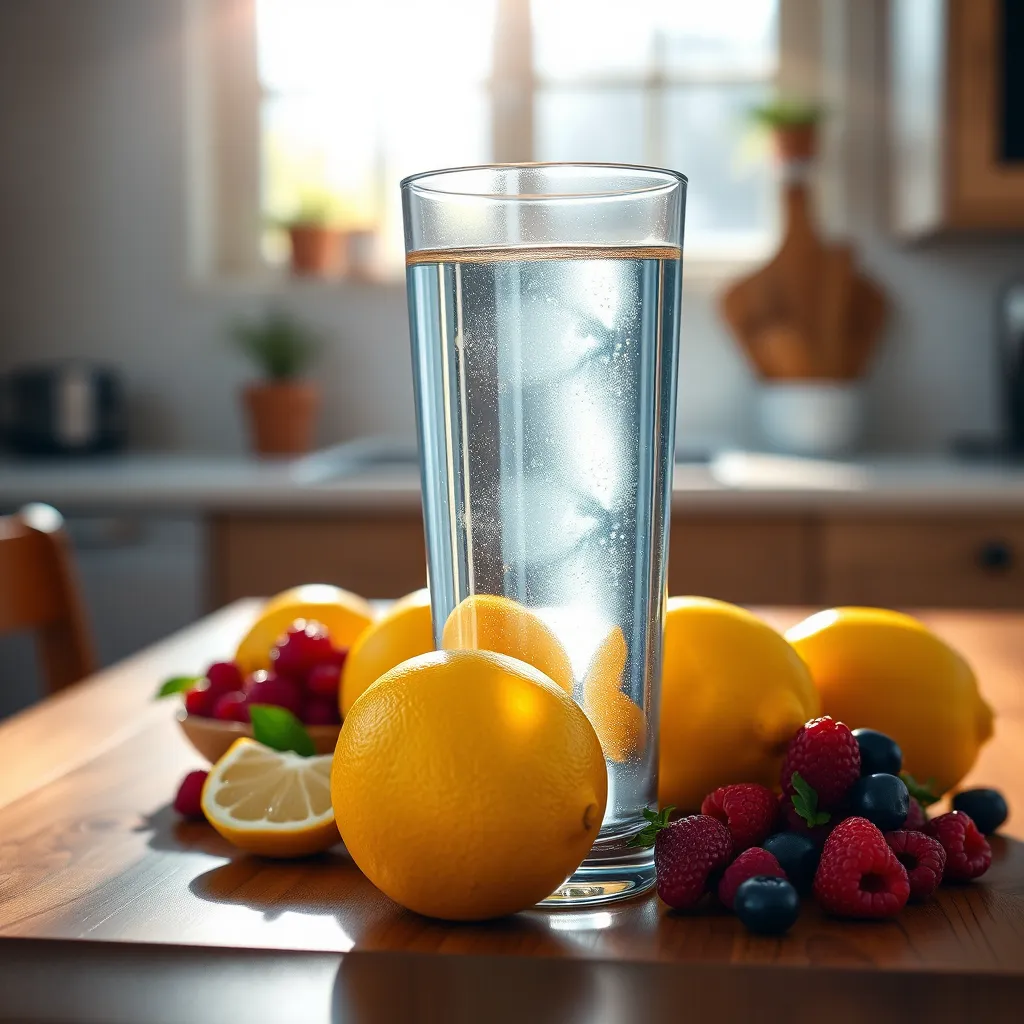  A vibrant, photorealistic image of a large glass of clear water on a wooden kitchen table, surrounded by fresh fruits like lemons and berries, reflecting sunlight. In the background, a fitness tracker showing daily goals for hydration and exercise.