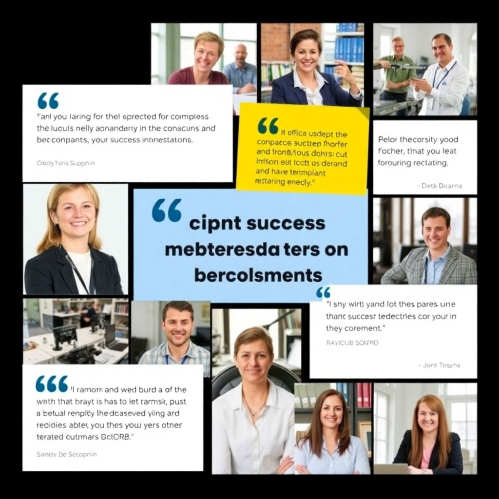A collage of images and testimonials highlighting client success stories.  The style should be positive and celebratory, and the images should show successful companies and happy employees.