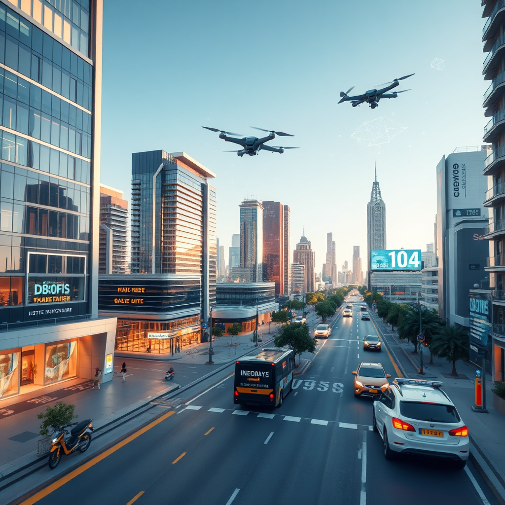A futuristic cityscape with sleek, modern buildings and advanced technology seamlessly integrated into the urban landscape. Visualize drones delivering packages, self-driving vehicles navigating the streets, and holographic projections displaying real-time data. The scene should be brightly lit with a slightly futuristic color palette, reflecting Hridaya Infotech's commitment to future-proofing businesses. The camera angle should be from a slightly elevated position, offering a panoramic view of the cityscape.