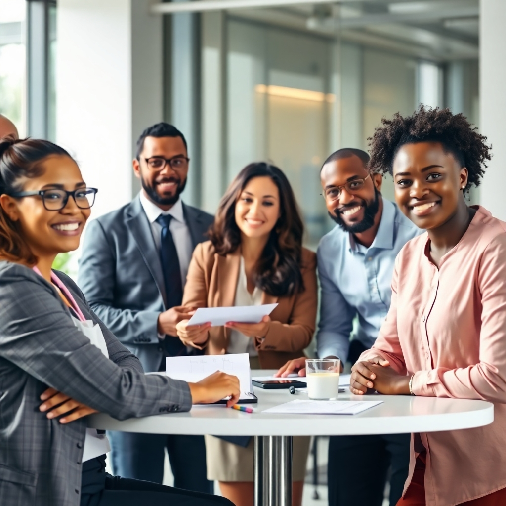 A photorealistic image depicting a diverse group of confident leaders collaborating in a modern office setting.  Focus on high-quality lighting and composition, emphasizing the professional and collaborative nature of the training.