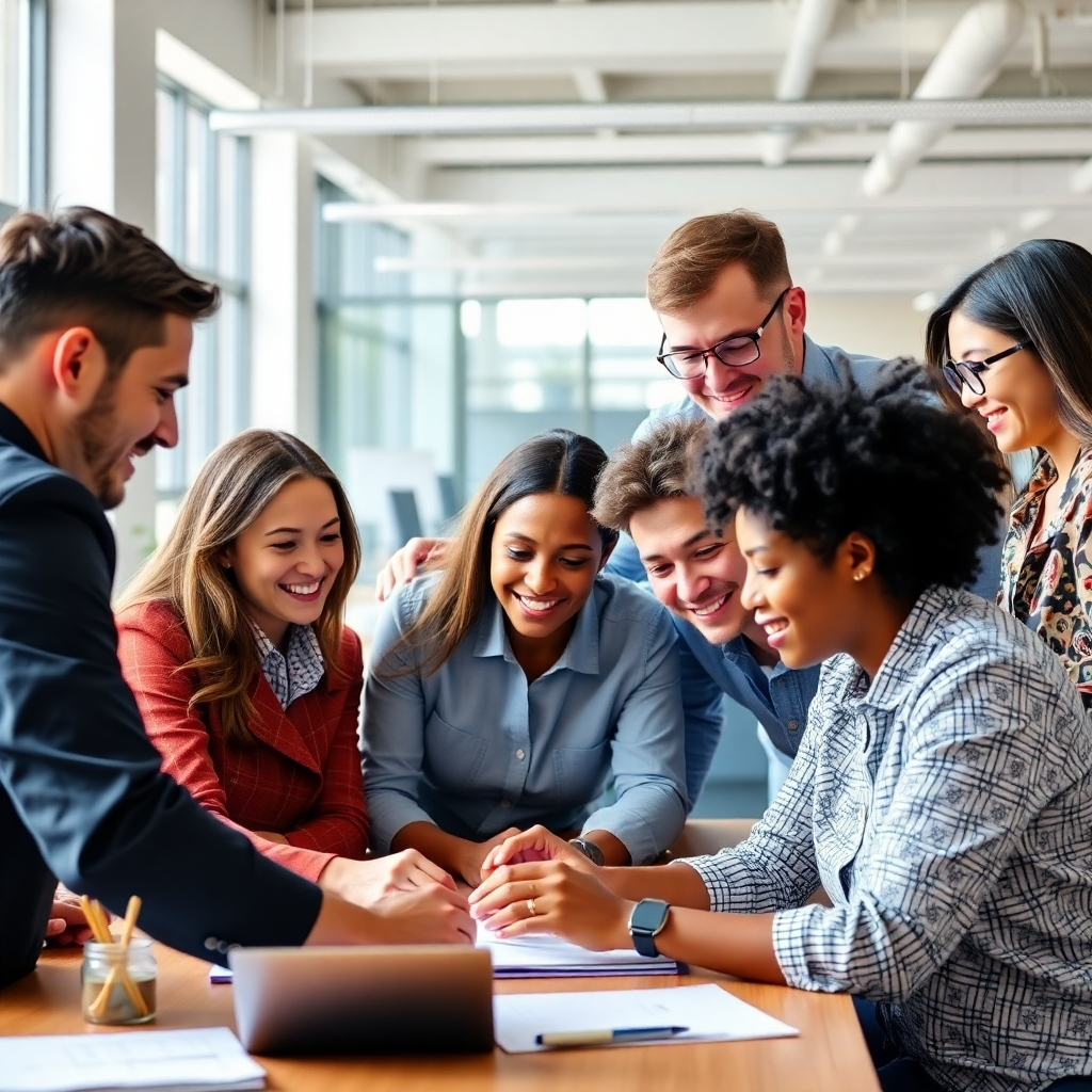 A photorealistic image of a cohesive team working together effectively on a project, displaying a positive collaborative environment.  Show team members of diverse backgrounds, actively engaged, and demonstrably happy to be working together. Focus on natural lighting and an open plan office environment to emphasize teamwork and collaboration.