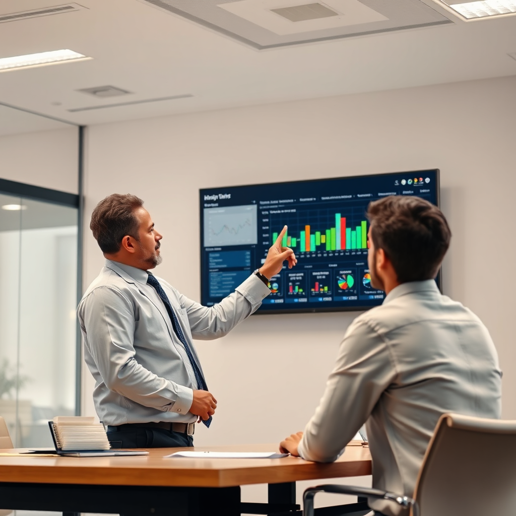 A photorealistic image of a consultant in a modern office, analyzing business data displayed on a large screen. The consultant is pointing to a specific insight, guiding the client towards a strategic decision. The scene should be brightly lit with a slightly professional tone, highlighting the expertise and guidance Hridaya Infotech provides.