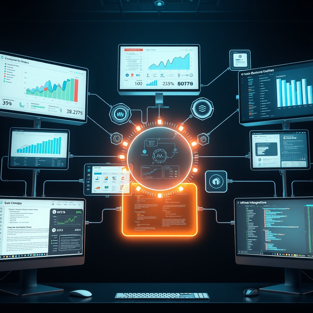 A photorealistic image showcasing a cohesive ecosystem where business strategies, marketing campaigns, and software applications seamlessly interact. Visualize interconnected screens displaying diverse data, with each screen representing a different aspect of the business: financial charts, social media analytics, and software code. A central, glowing interface orchestrates all the elements, symbolizing Hridaya Infotech's role in managing this complex integration. Lighting: soft, ambient glow with subtle highlights on key interfaces. Camera angle: slightly elevated, offering a comprehensive view of the interconnected system. Background: a dark, futuristic workspace with a clean design.