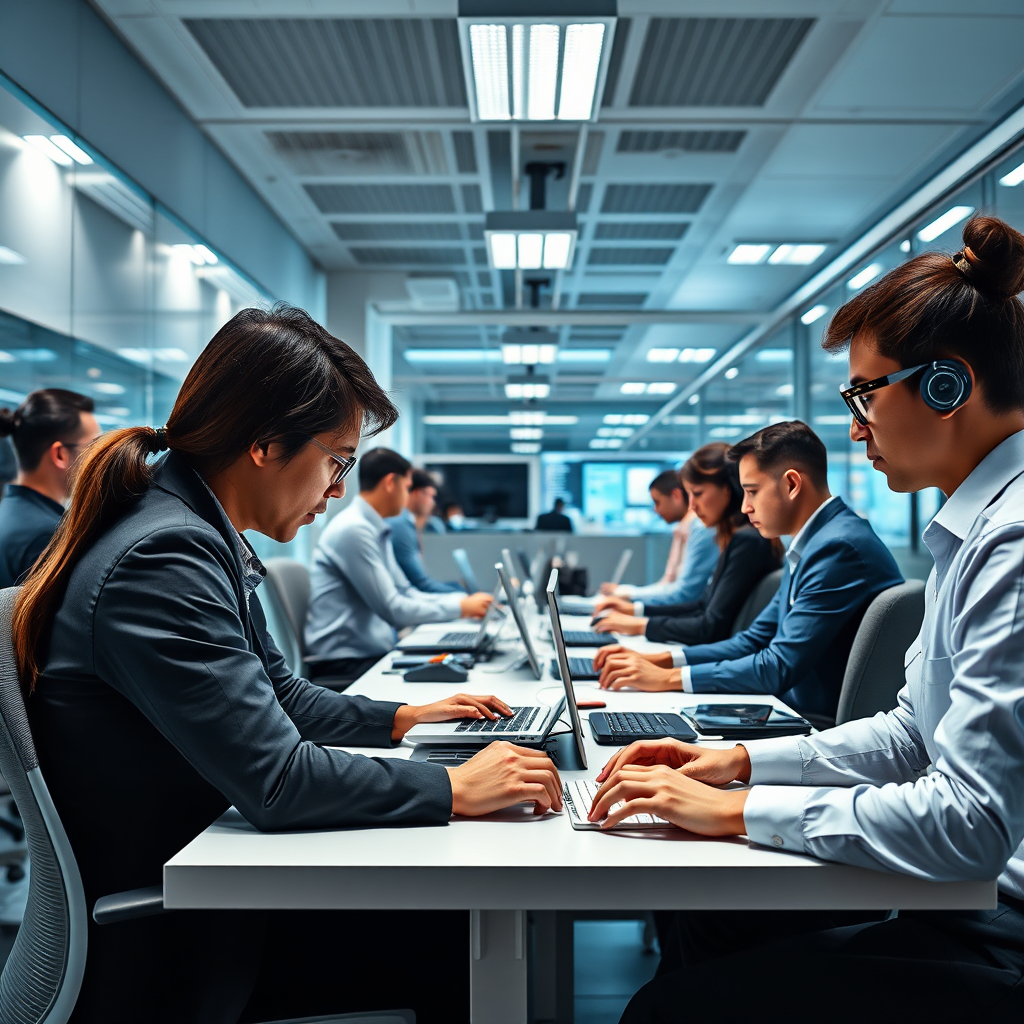 A sleek, modern office environment where workflows are seamlessly automated, and productivity is at its peak. Visualize a team of professionals working collaboratively on various tasks, utilizing advanced technology and efficient processes. The lighting should be bright and energizing, reflecting the enhanced efficiency of the workplace. The overall tone should be professional and dynamic, emphasizing the positive impact of Hridaya Infotech's solutions. Camera angle: wide-angle, capturing the overall efficiency of the workplace.