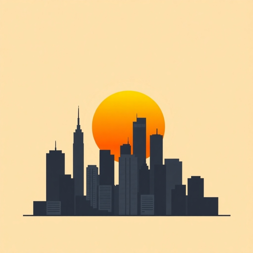 A stylized image of a rising sun over a cityscape, symbolizing the growth and potential that leadership development can unlock. The cityscape should be rendered in a modern, minimalist style, with a focus on strong geometric shapes and clean lines. Use a limited palette of warm colors to convey a sense of optimism and opportunity.  The image should convey ambition and potential for growth.